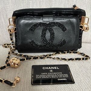 CHA-NEL CC Logo Rhinestone Black Caviar Leather Wallet on Chain w/ auth card